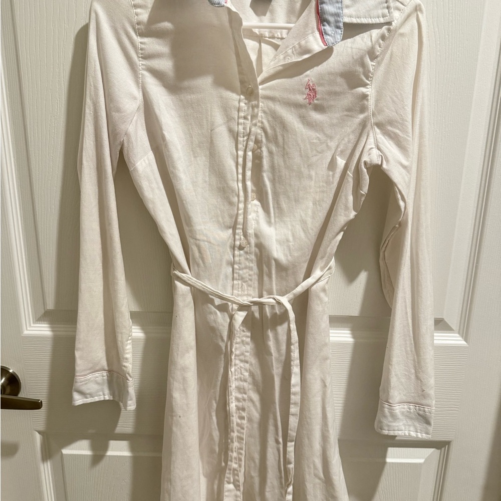 White Belted Shirt Dress with Pink Logo